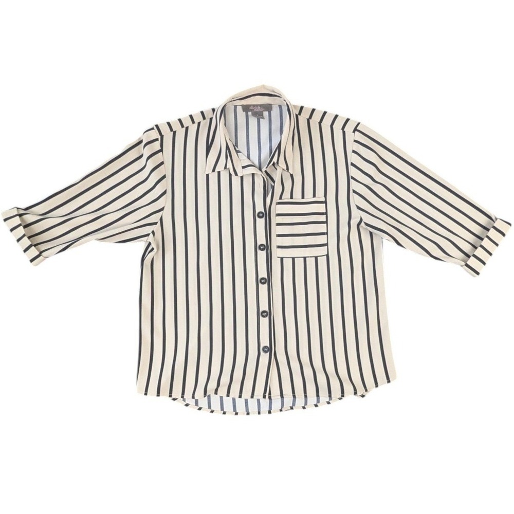 Olivia & Martin Women S Cream Black Stripe Button Down Shirt Short Sleeve Office